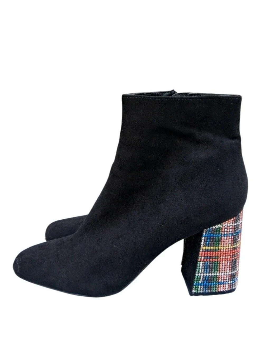 Betsey Johnson Black Rhinestone Plaid Heel Barette Ankle Boots Size 7.5